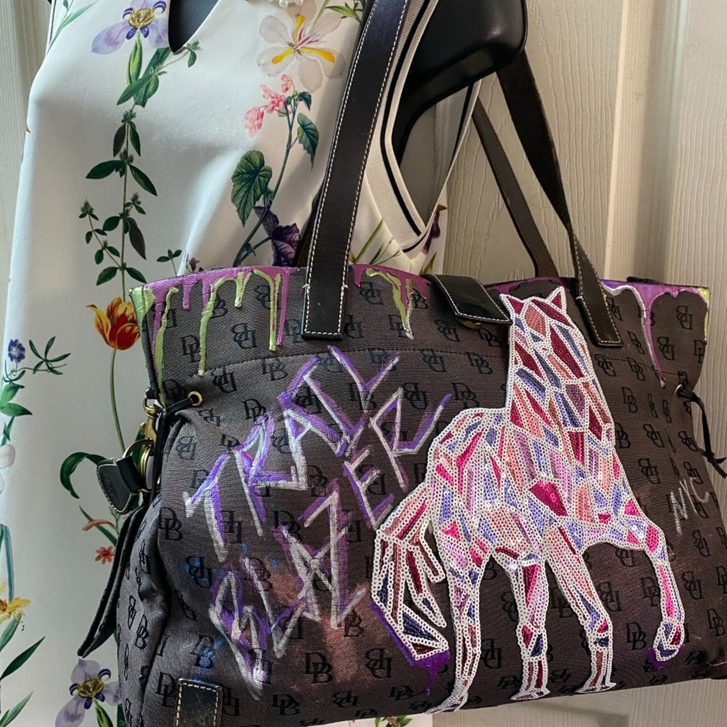 Dooney & Bourke Gray Customized W/ Graffiti Tote