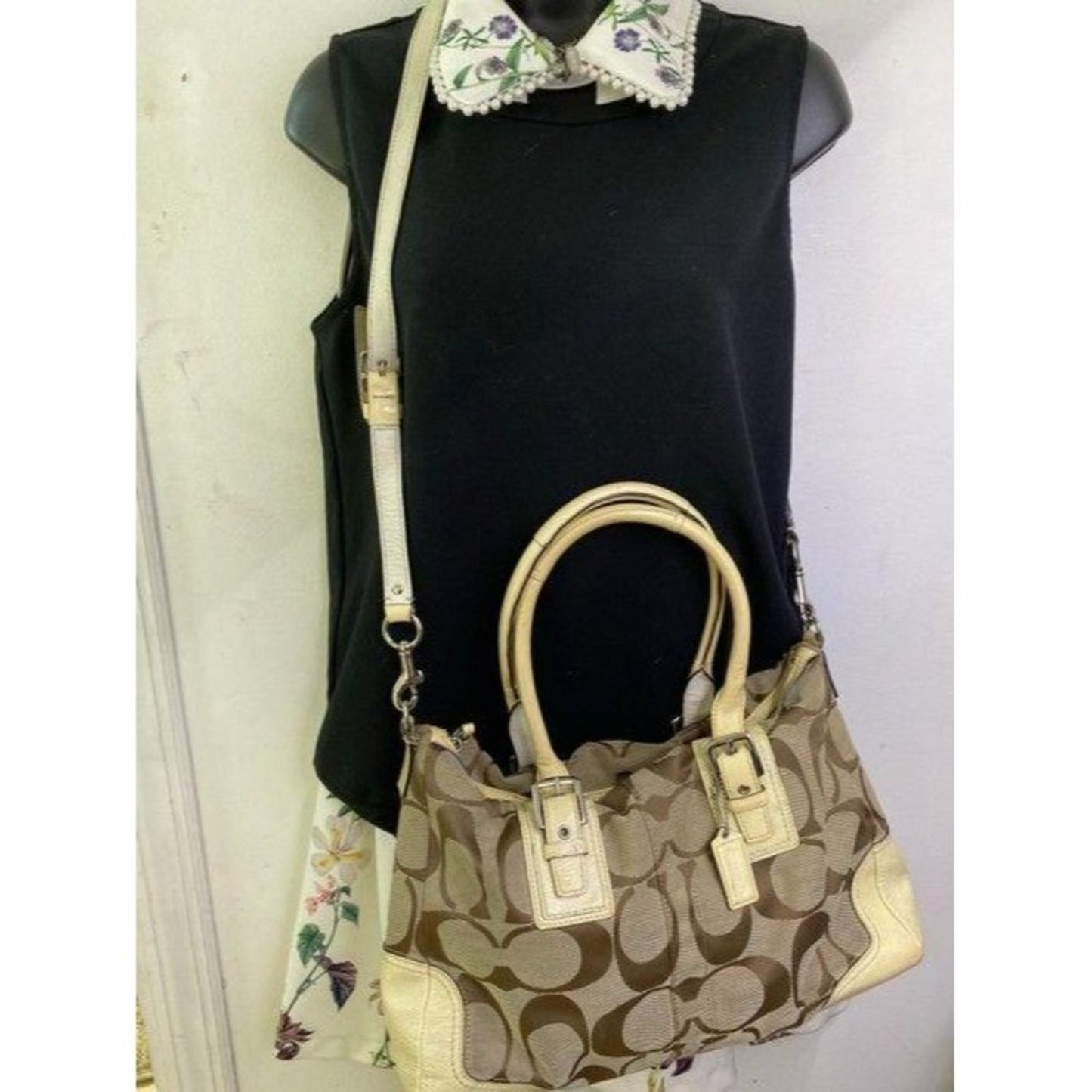 coach bag cream black fabric tote