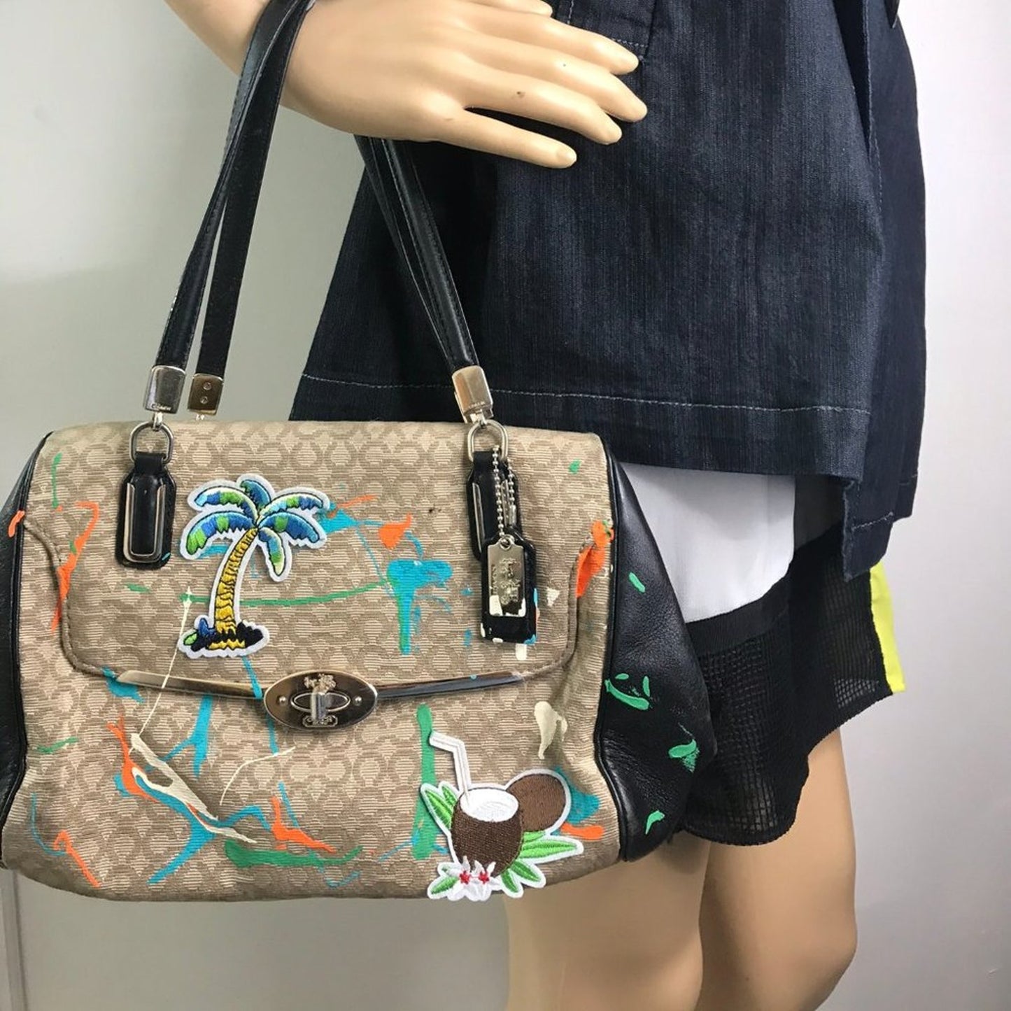 COACH Customized Tan Black Fabric Shoulder Bag