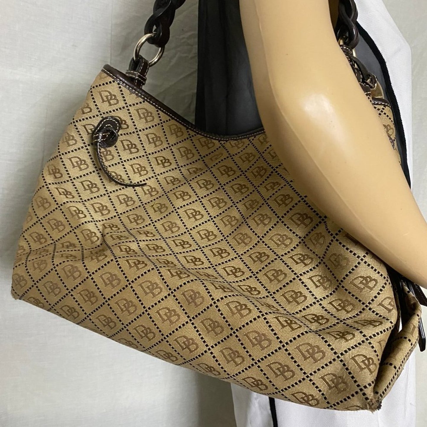 Dooney & Bourke L Tan Jacquard Fabric Shoulder Bag