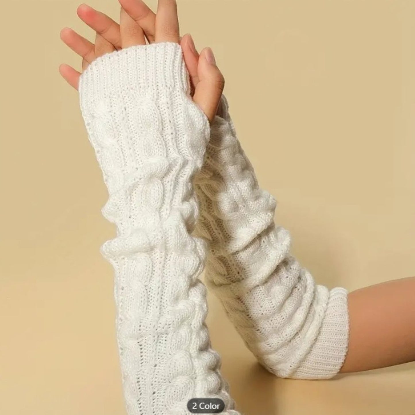 Ribbed Knitted Mid-length Gloves Warm Sleeves Solid Color Elastic Finger…