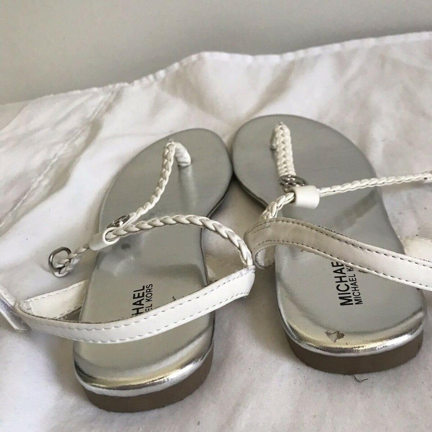 MICHAEL KORS White/Silver Braided T-Strap Sandal