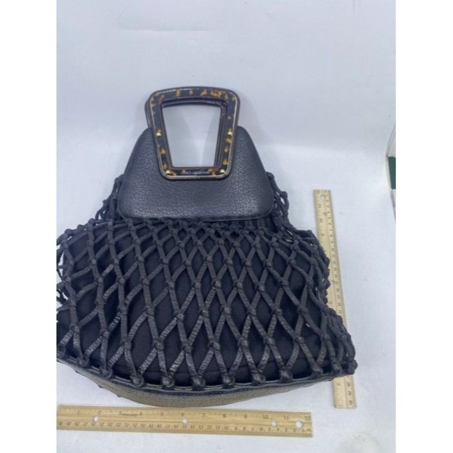 Dolce And Gabbana Woven With Tortoise Wood Handle Black Leather Tote