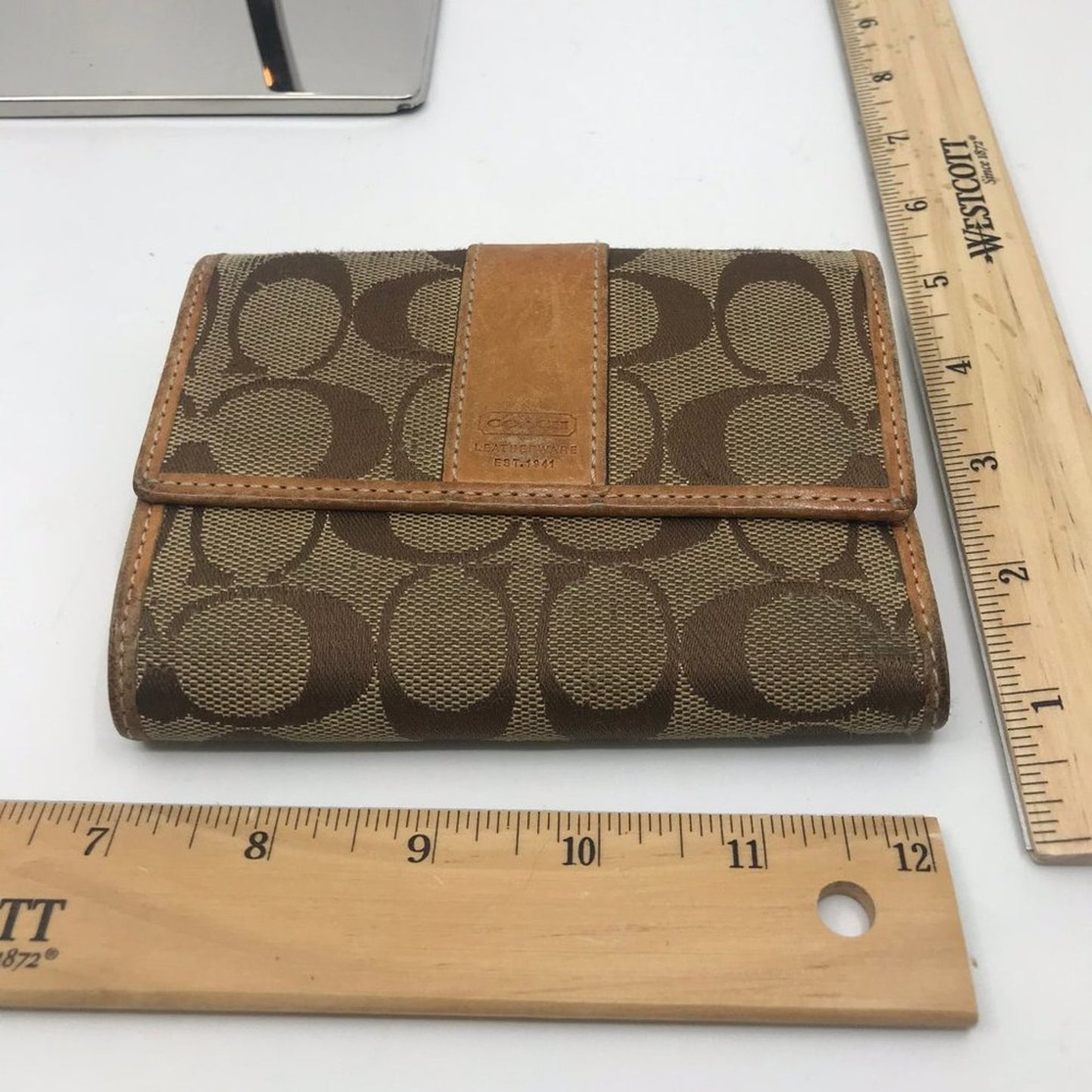 COACH Leather Fabric Combo Brown Tri Fold Wallet