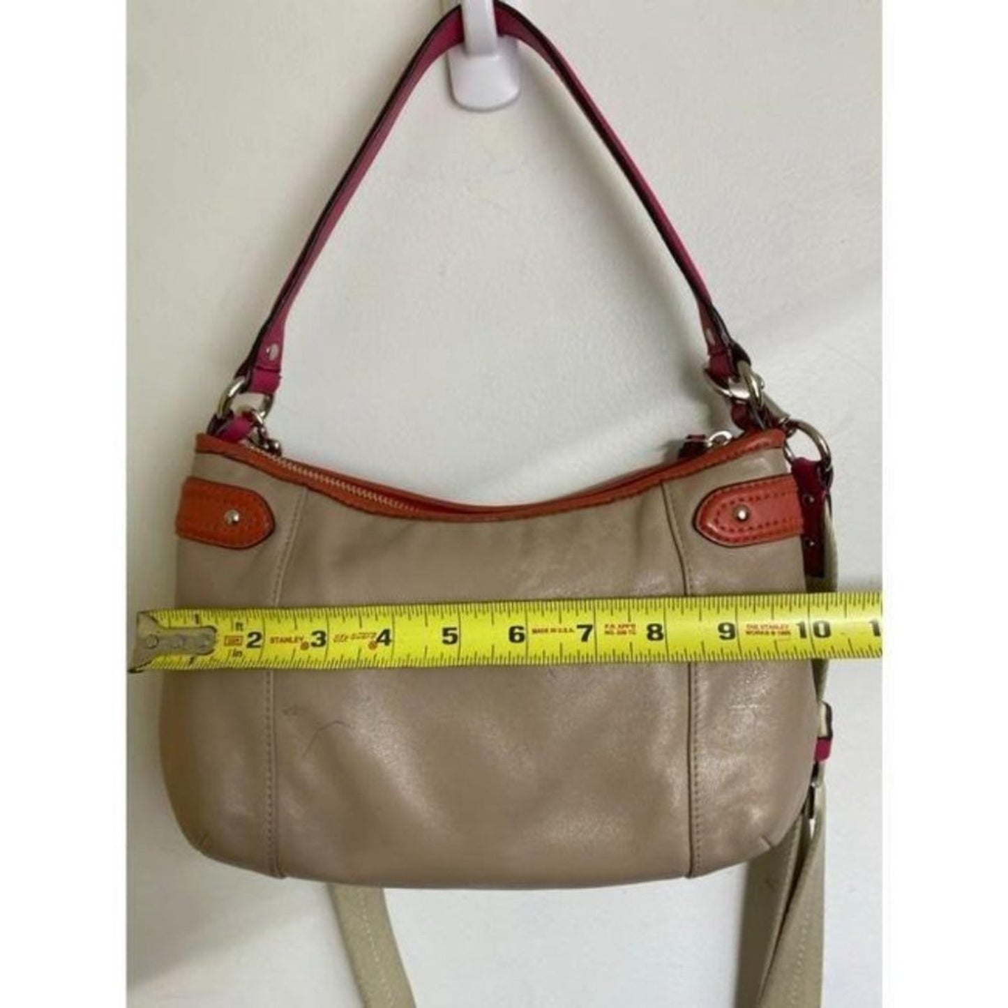 coach medium w adjustable strap tan pink leather c