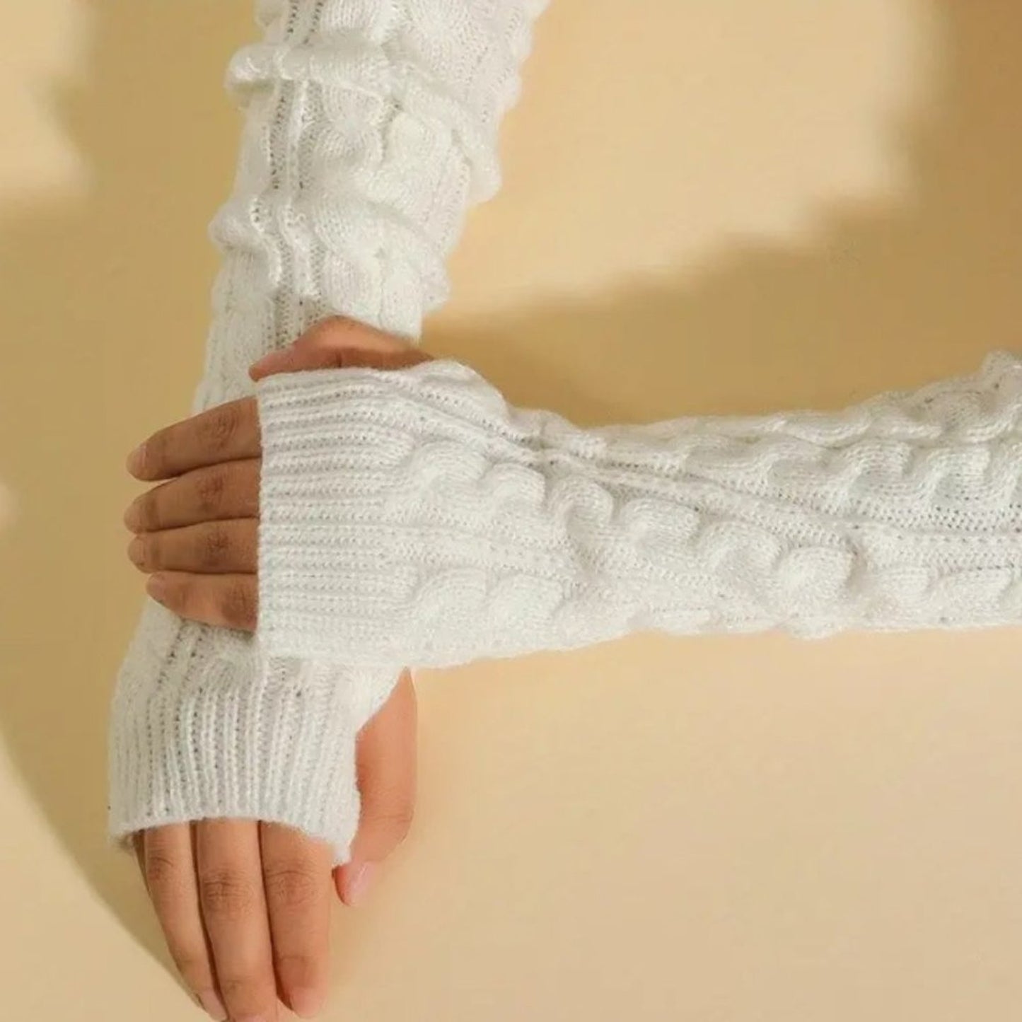 Ribbed Knitted Mid-length Gloves Warm Sleeves Solid Color Elastic Finger…