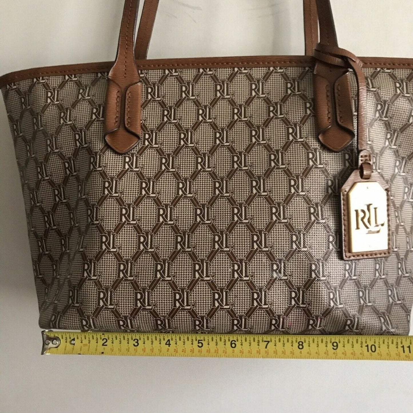 RALPH LAUREN Medium Brown Leather Logo Tote
