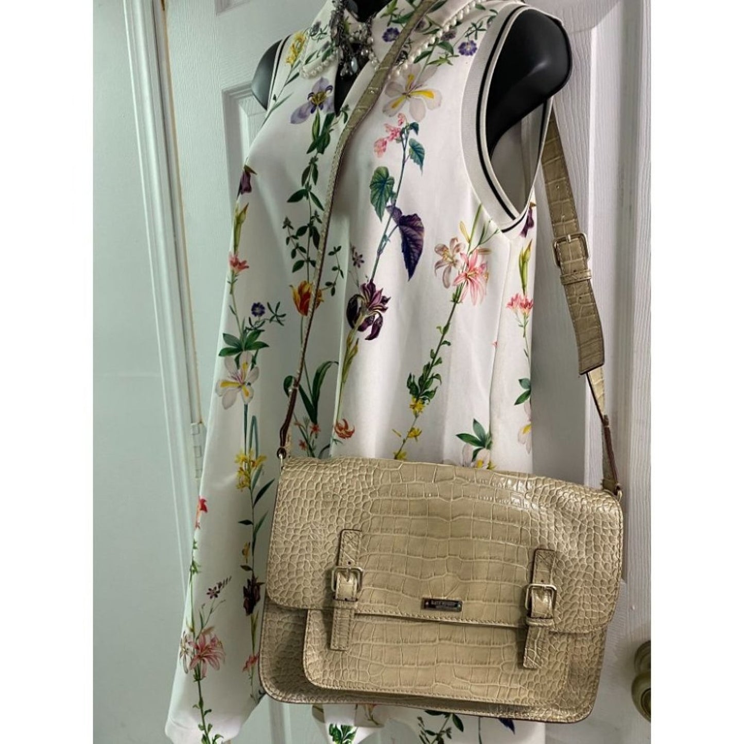 KATE SPADE Tan Patent Croc Embossed Messenger Bag