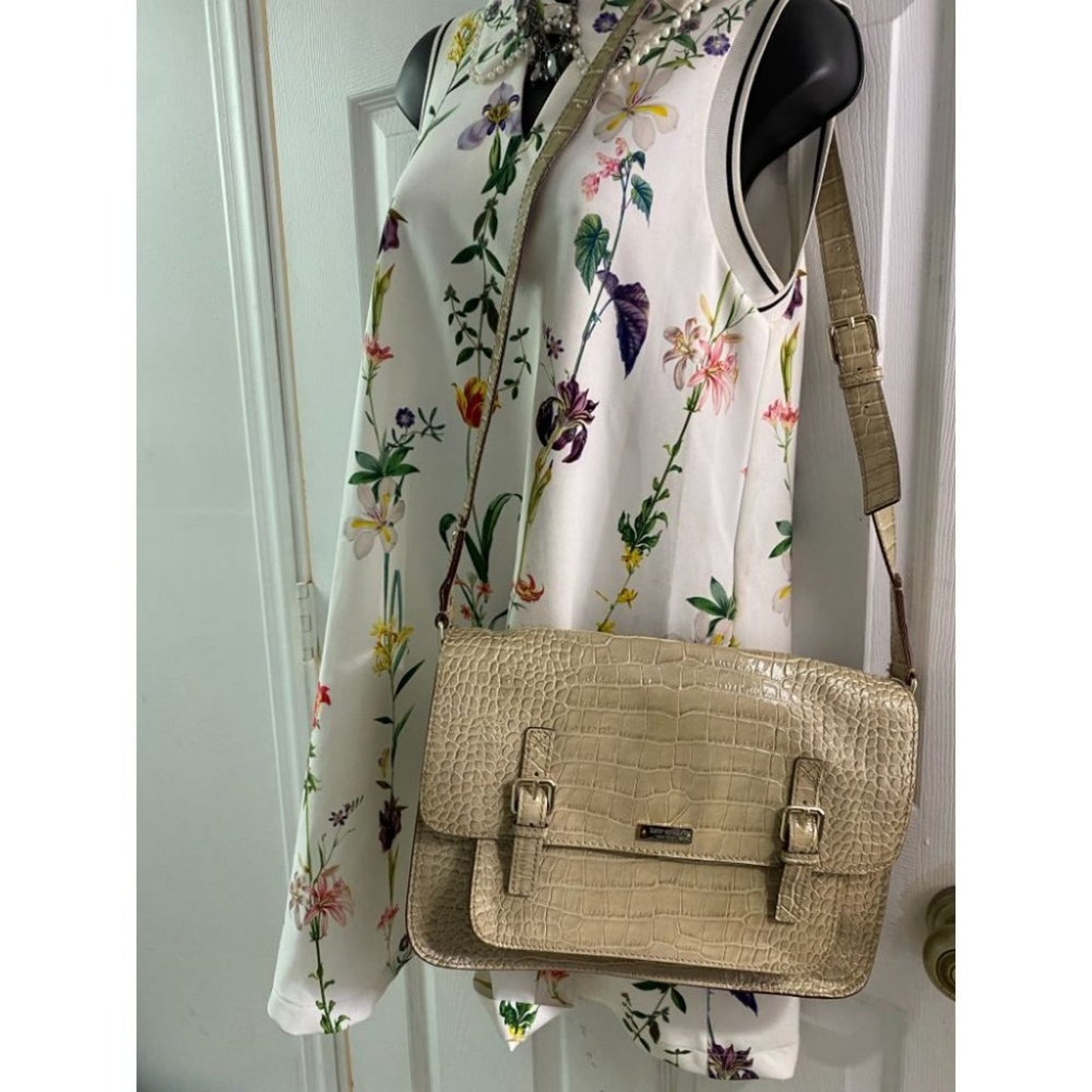 KATE SPADE Tan Patent Croc Embossed Messenger Bag