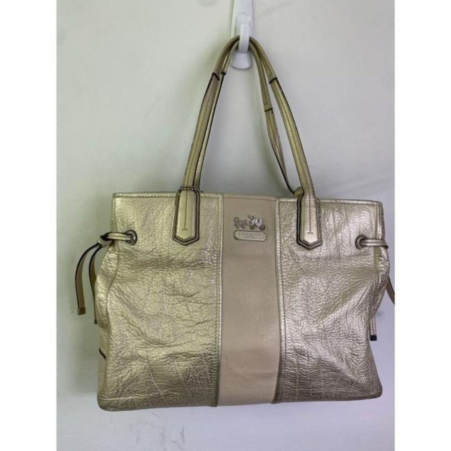 COACH XL Cream Silver Leather Shopping Tote Bag