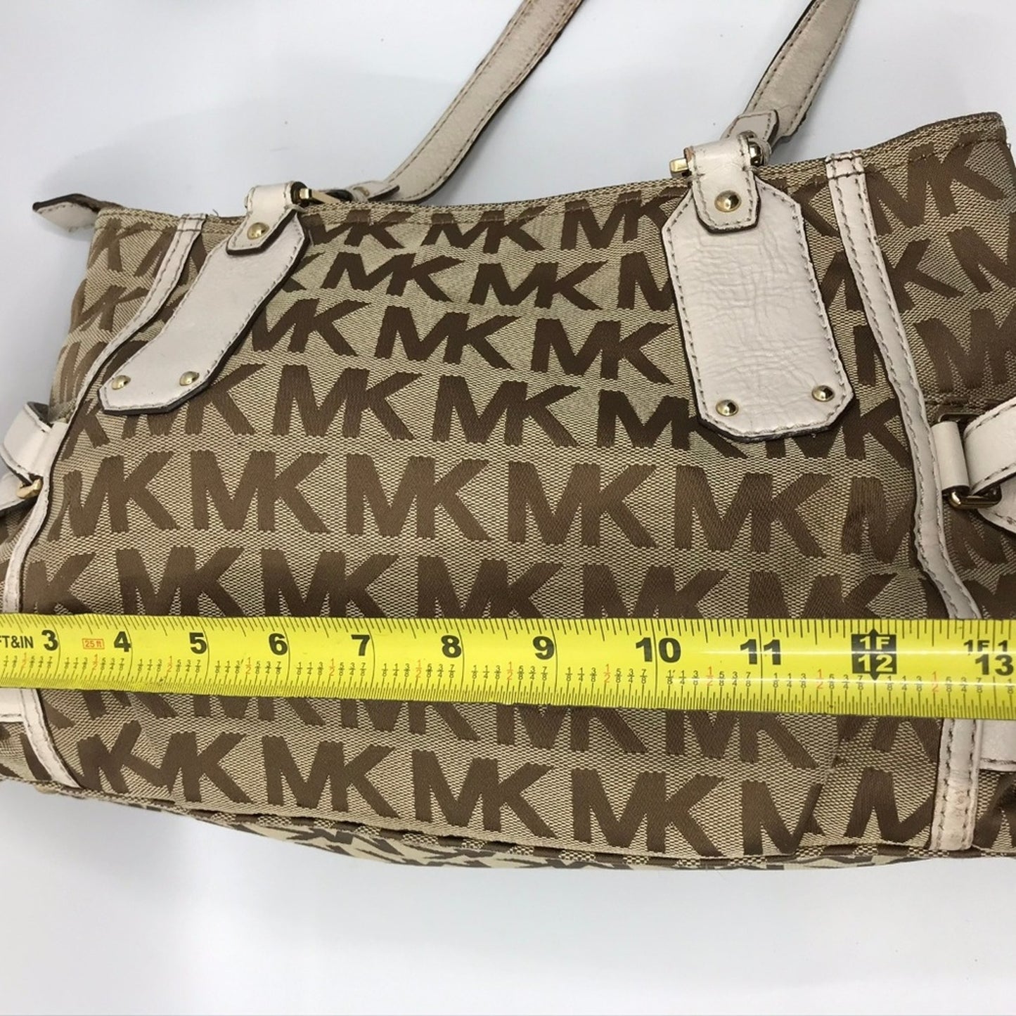 MICHAEL KORS White/Tan Jacquard Fabric Shoulder Ba
