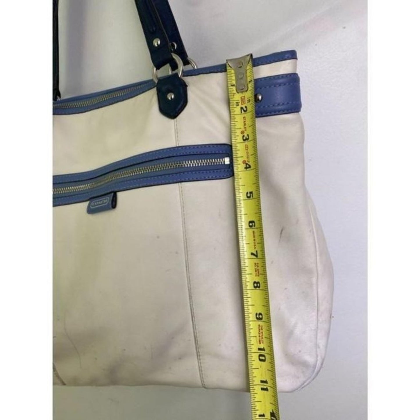 COACH XL White Blue Leather Shopping Tote Bag