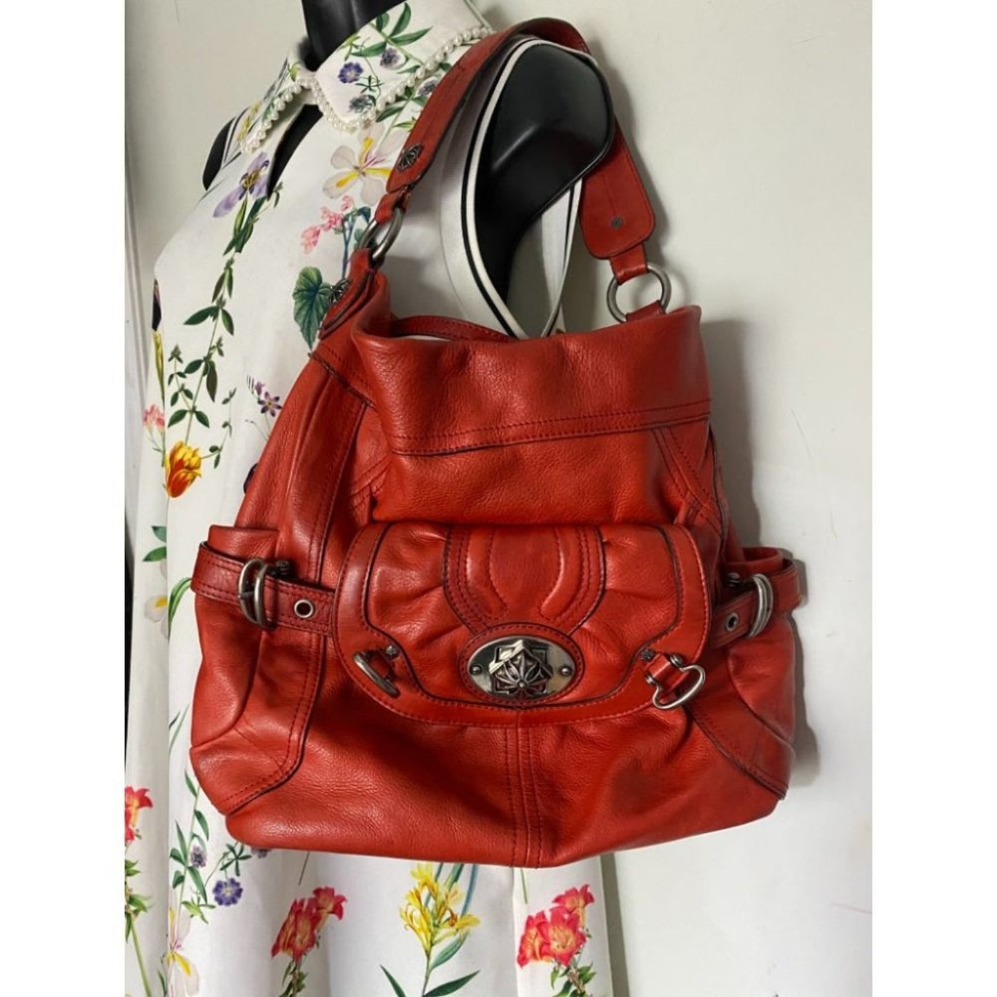 B. Makowsky Orange Large Leather Shoulder Bag