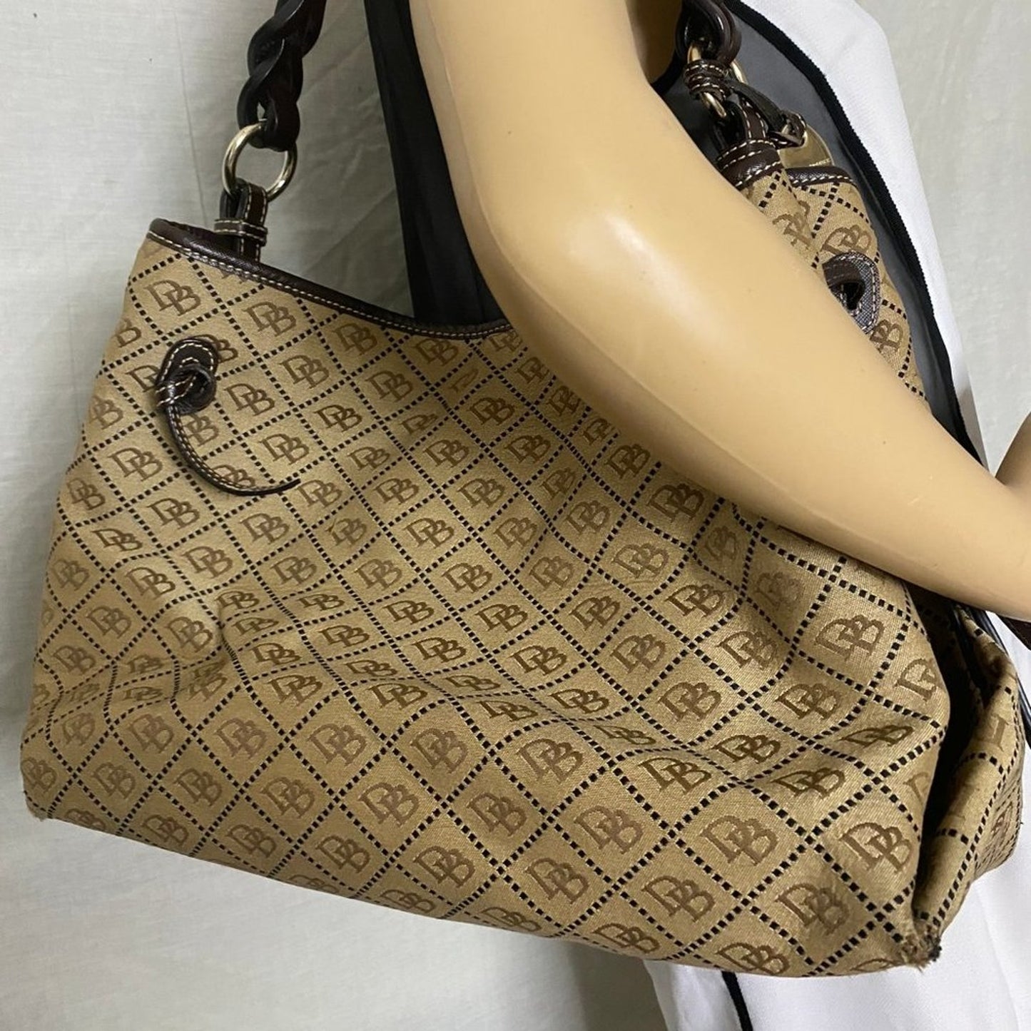 Dooney & Bourke L Tan Jacquard Fabric Shoulder Bag