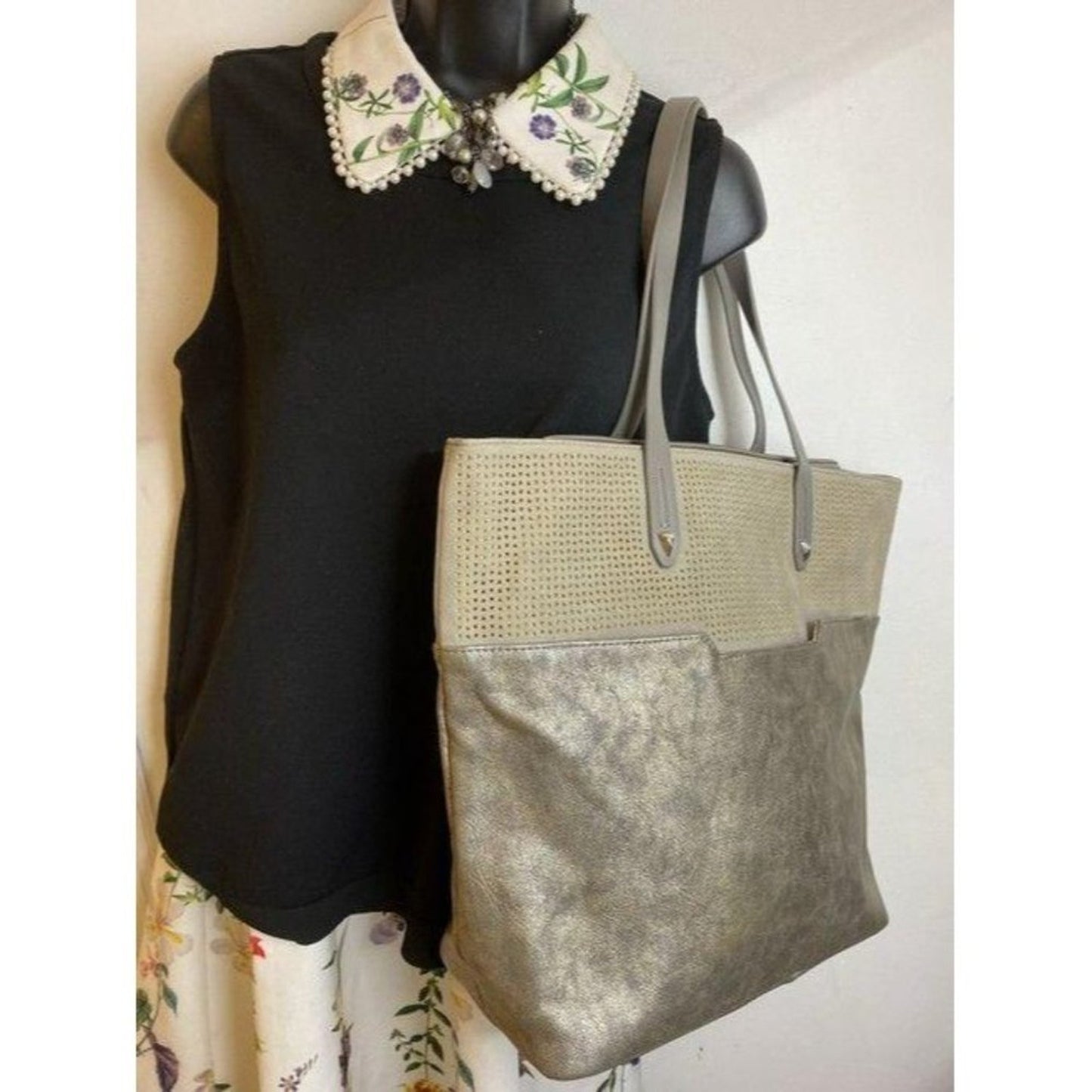 stella and dot bag large shoulder gray gold leathe