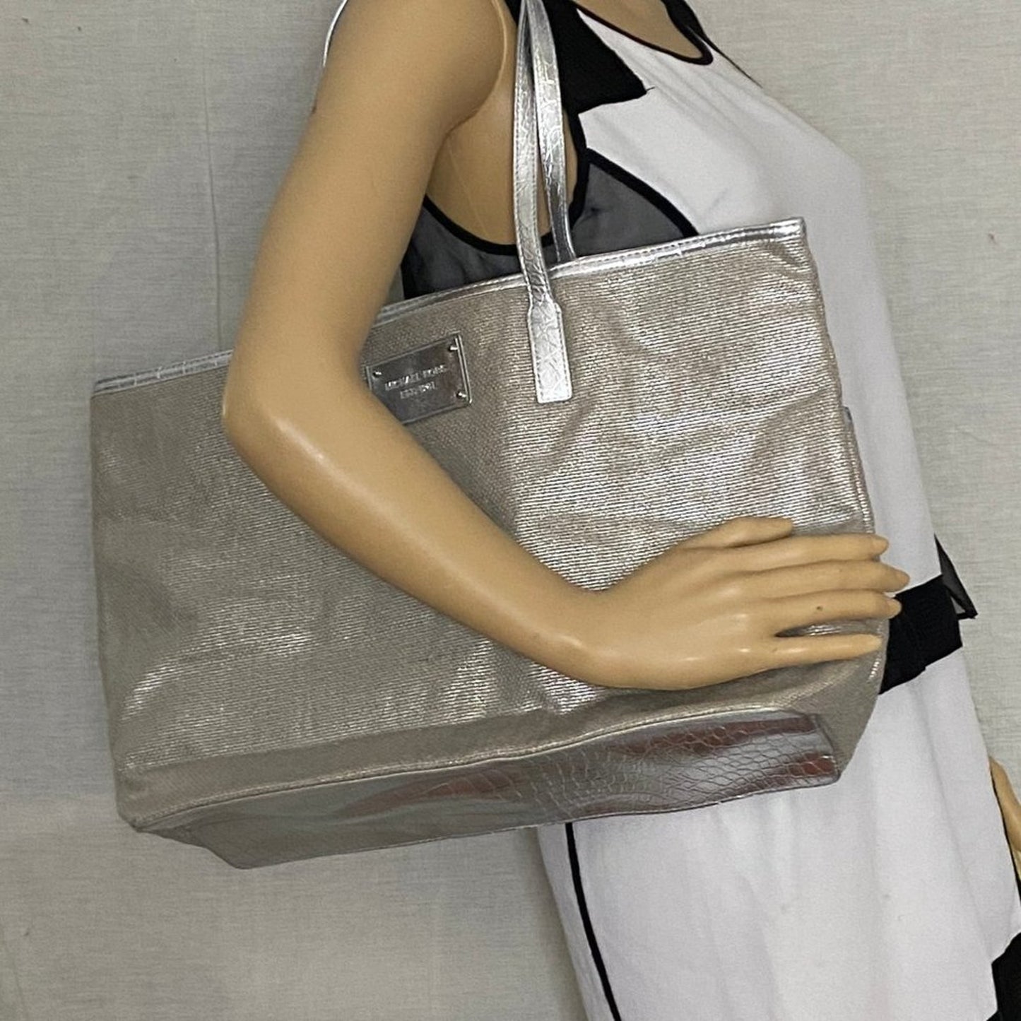 Michael Kors M Tan Interwoven Canvas Shoulder Bag