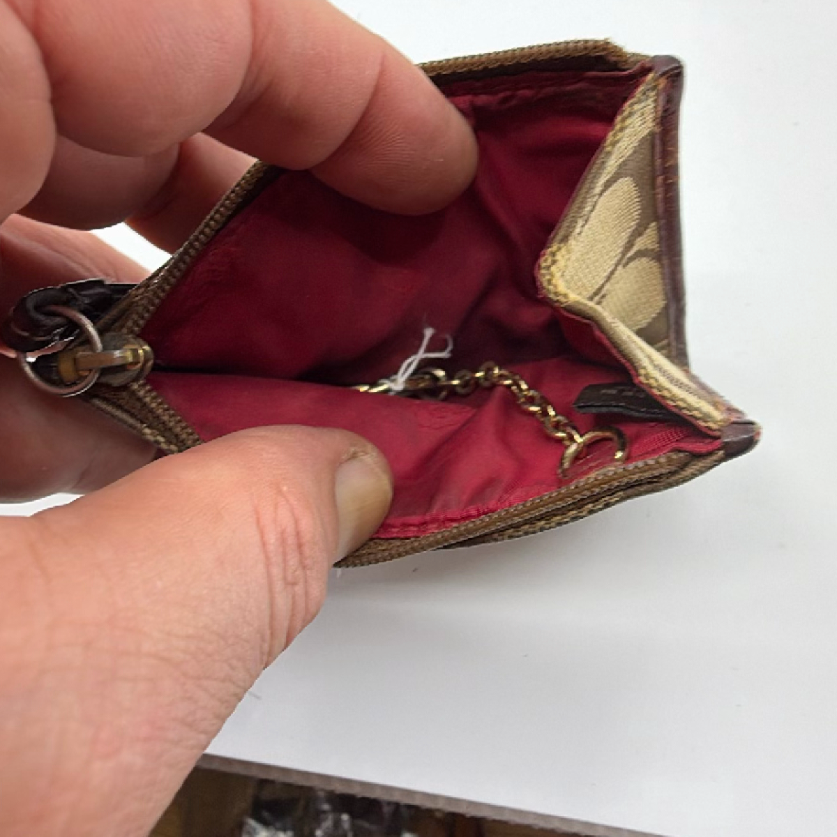 Coach Mini Skinny Brown Signature C Canvas & Leather Coin Case