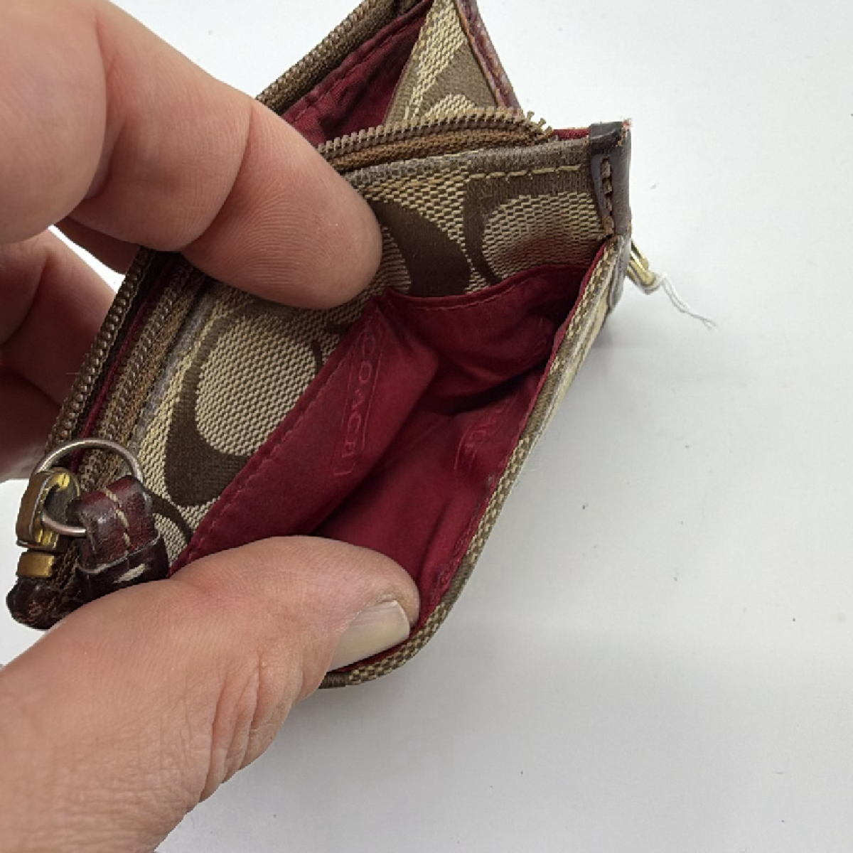 Coach Mini Skinny Brown Signature C Canvas & Leather Coin Case