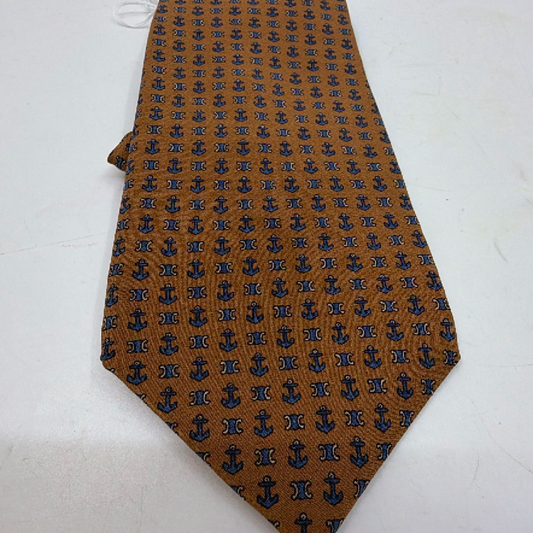 Celine Anchor Triomphe Pattern Brown Silk Tie