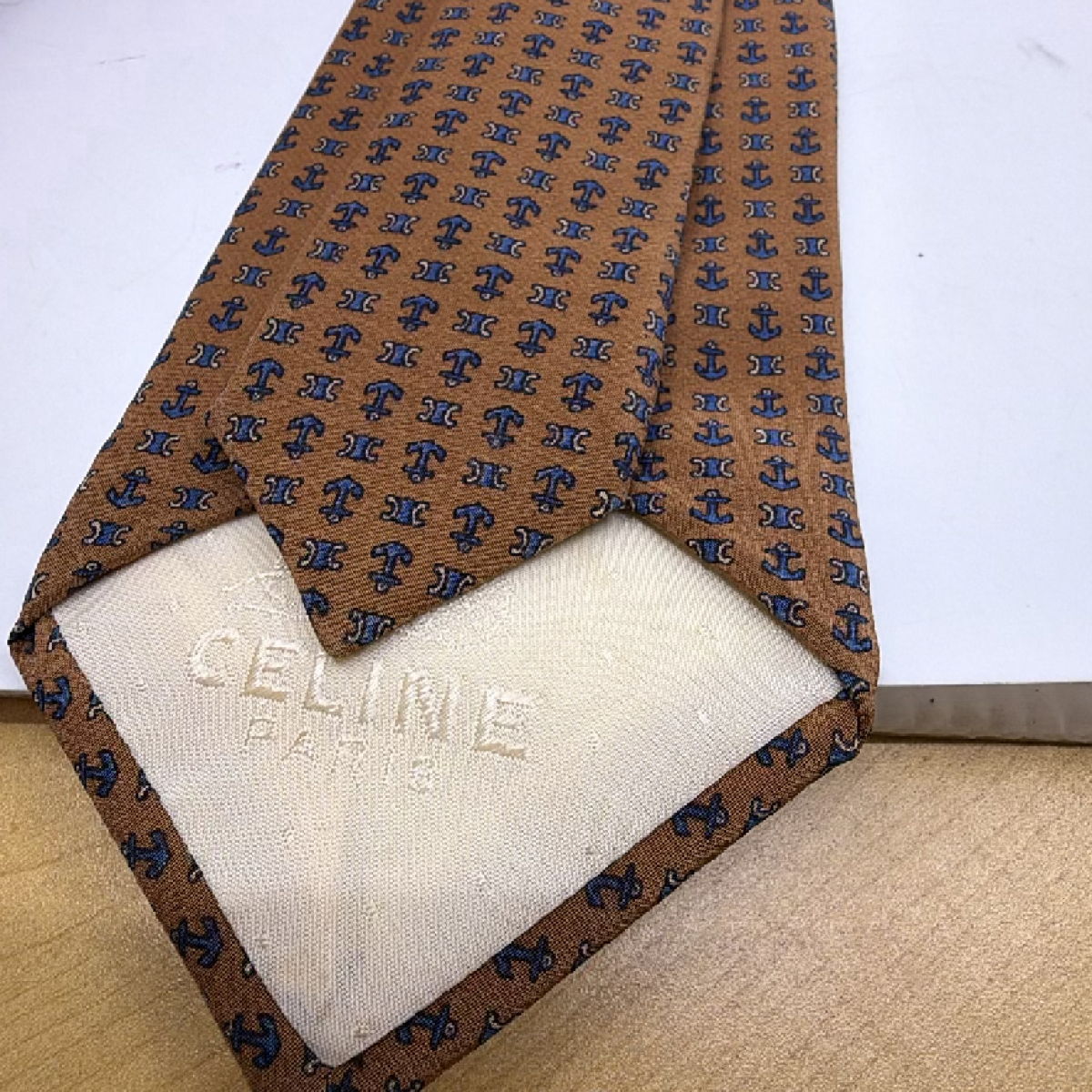 Celine Anchor Triomphe Pattern Brown Silk Tie