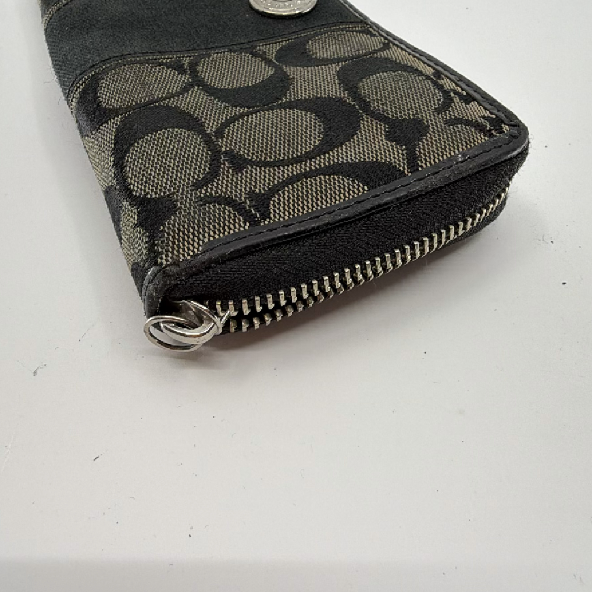 Coach Signature C Zip Around Black Canvas Leather Wallet