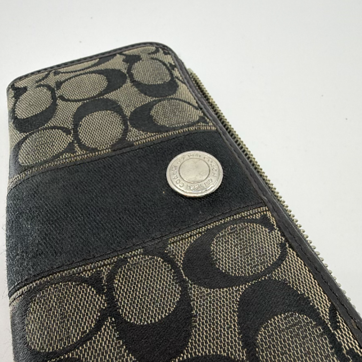 Coach Signature C Zip Around Black Canvas Leather Wallet