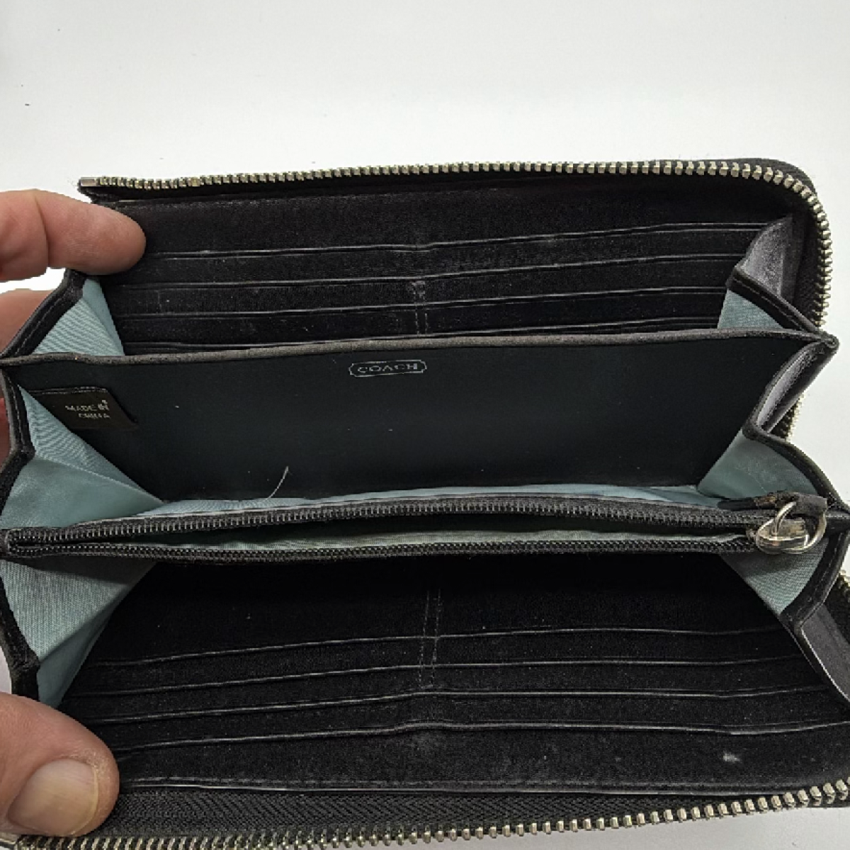 Coach Signature C Zip Around Black Canvas Leather Wallet