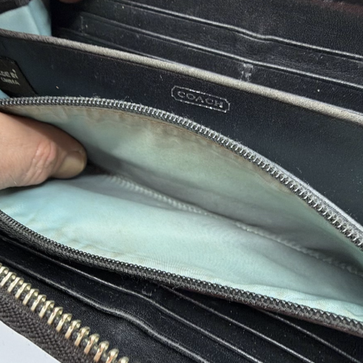 Coach Signature C Zip Around Black Canvas Leather Wallet