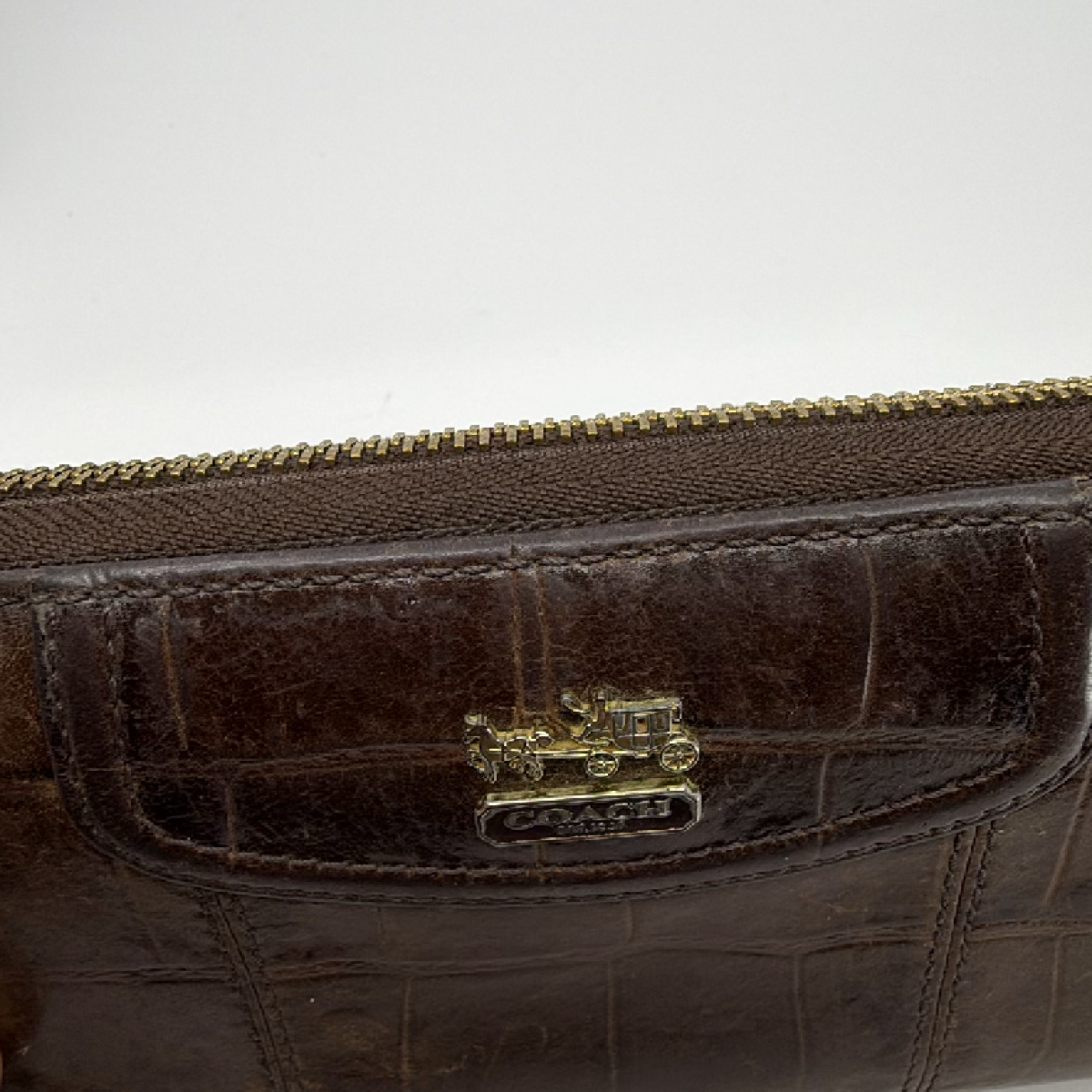 Coach Brown Croc Embossed Leather Zip Wallet