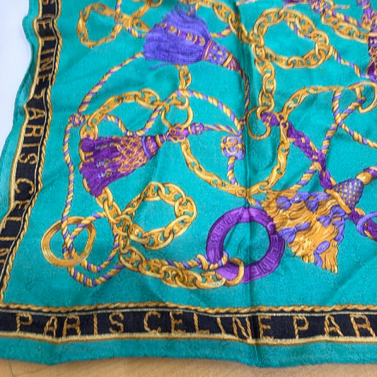 Celine Chain Tassel Print Green Silk Scarf
