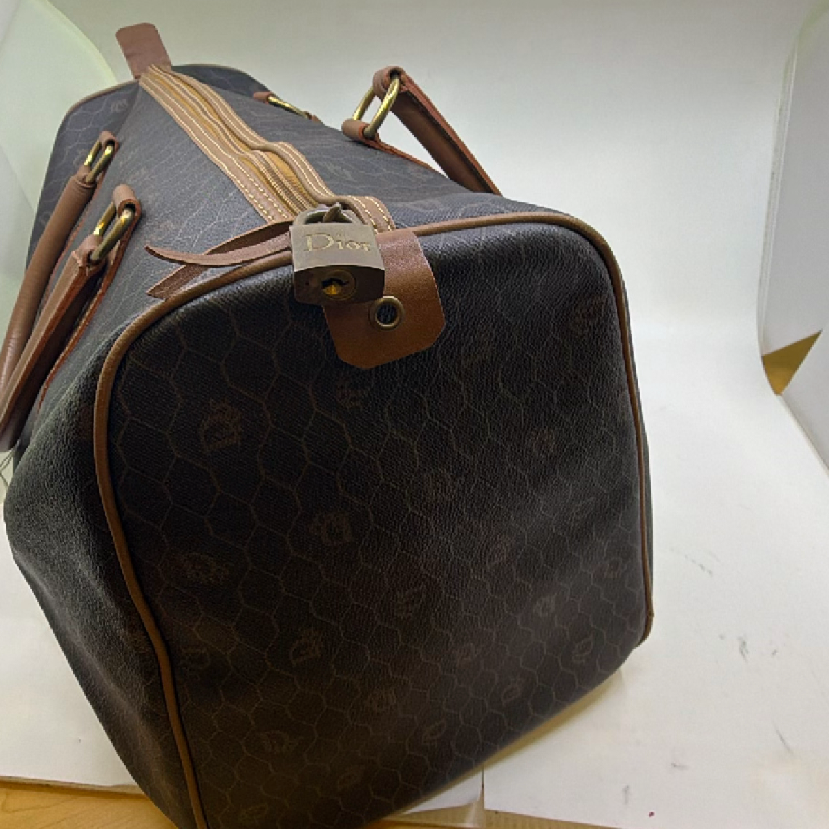 Christian Dior Boston Brown Honeycomb Coated Canvas Duffle Bag