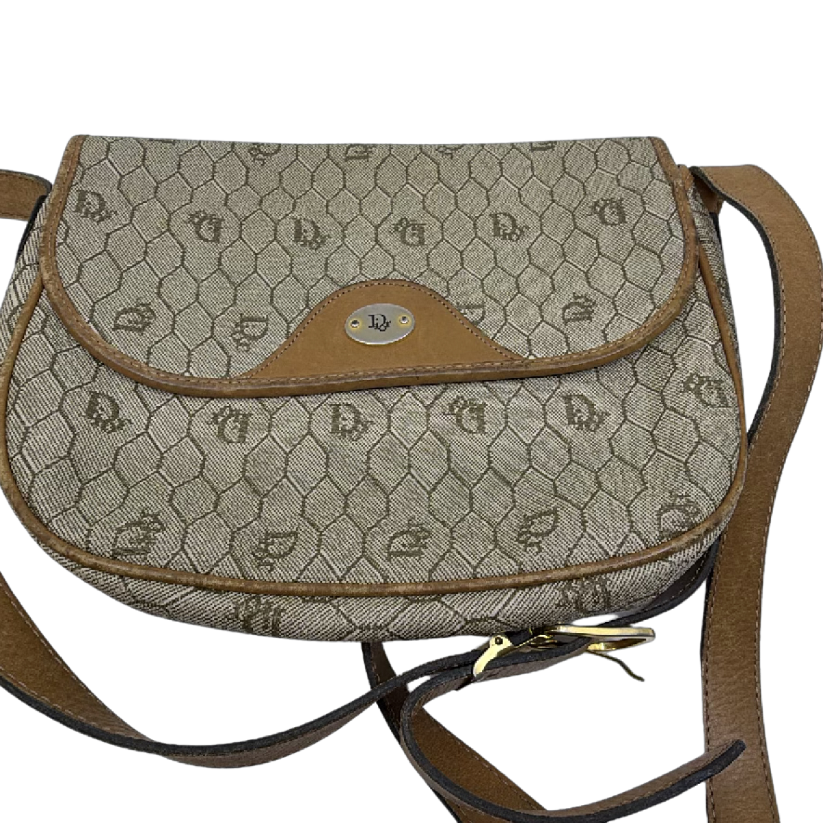 Dior Vintage Honeycomb Brown Coated Canvas & Leather Crossbody Bag