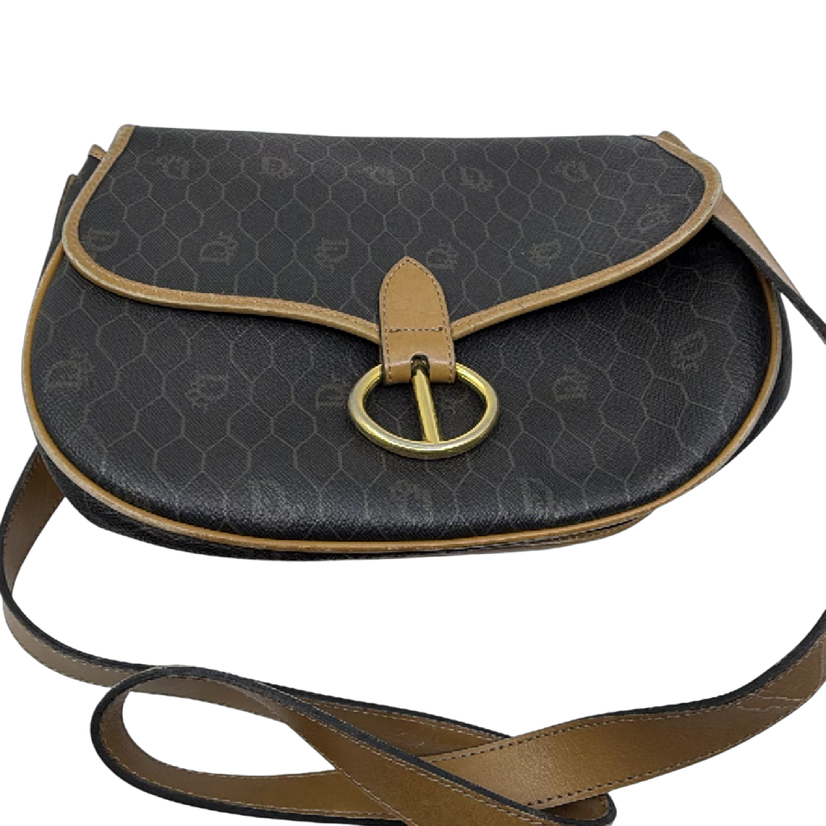 Dior Honeycomb Saddle Flap Brown Coated Canvas Shoulder Bag