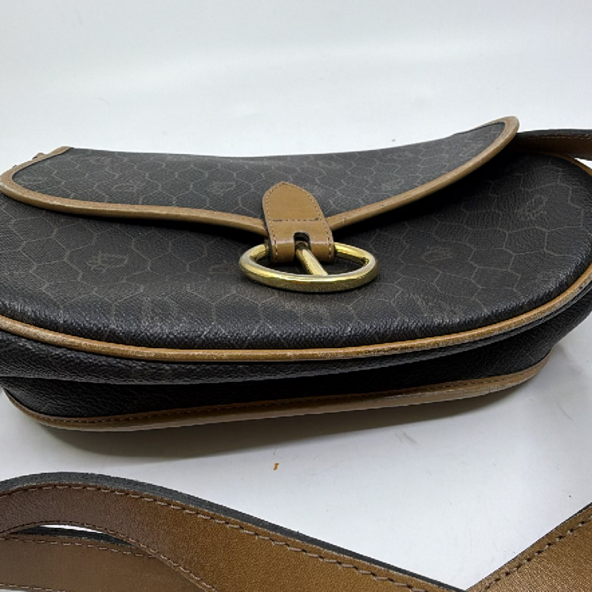 Dior Honeycomb Saddle Flap Brown Coated Canvas Shoulder Bag
