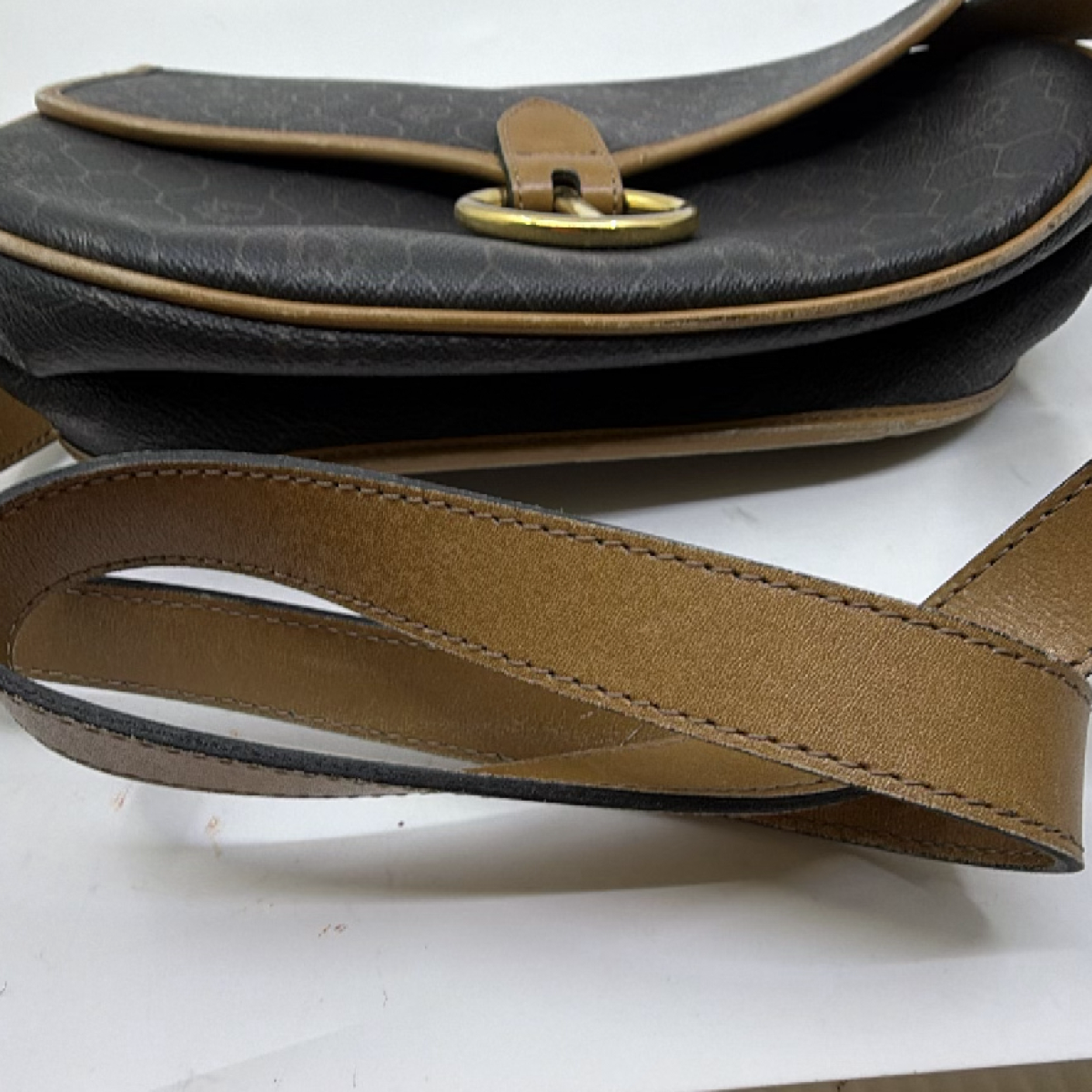 Dior Honeycomb Saddle Flap Brown Coated Canvas Shoulder Bag