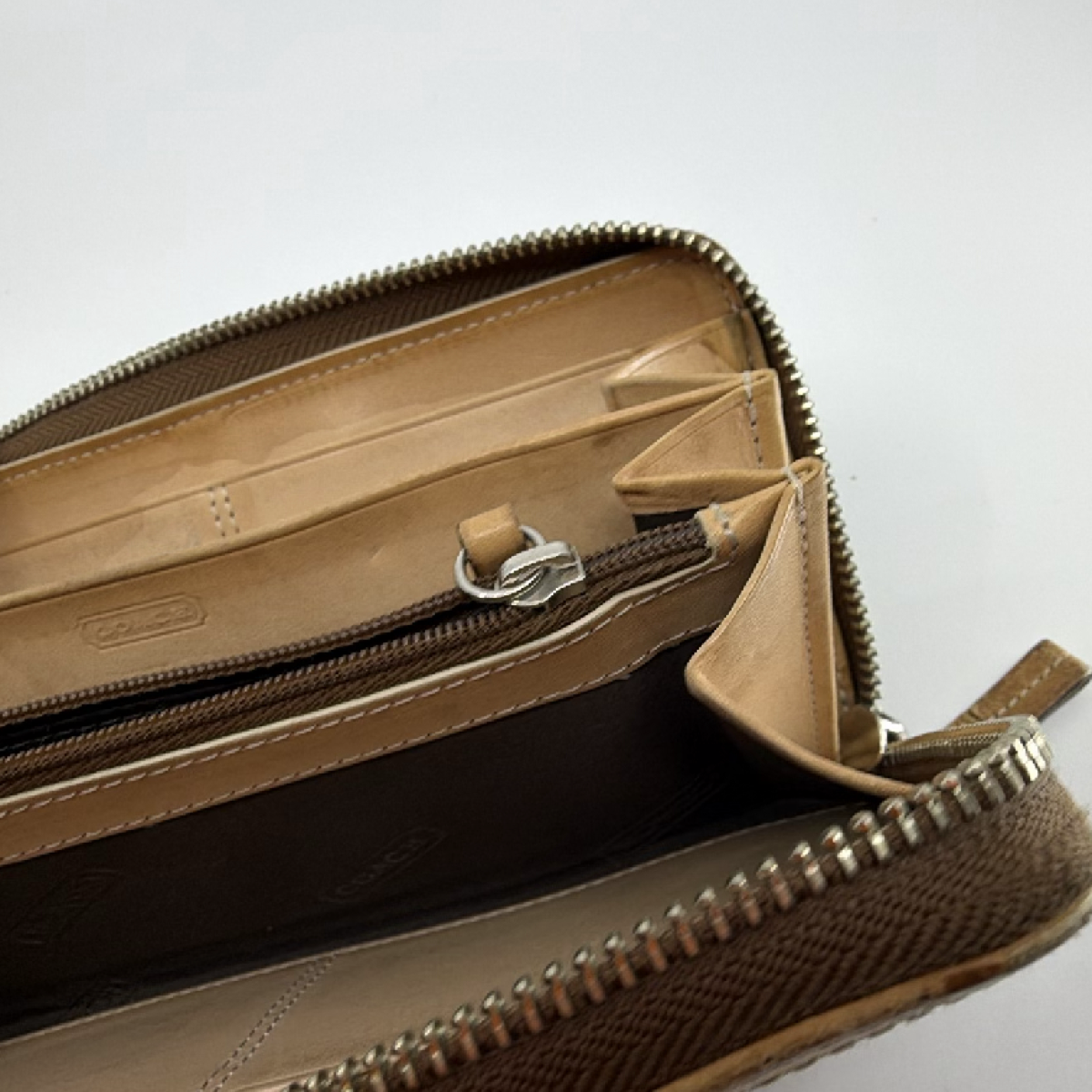 Coach Zip Around Brown Signature C Canvas Leather Wallet