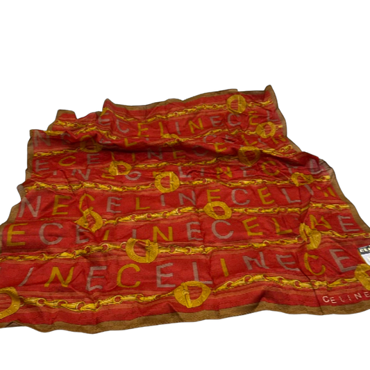Celine Chain & Logo Print Red Silk Scarf