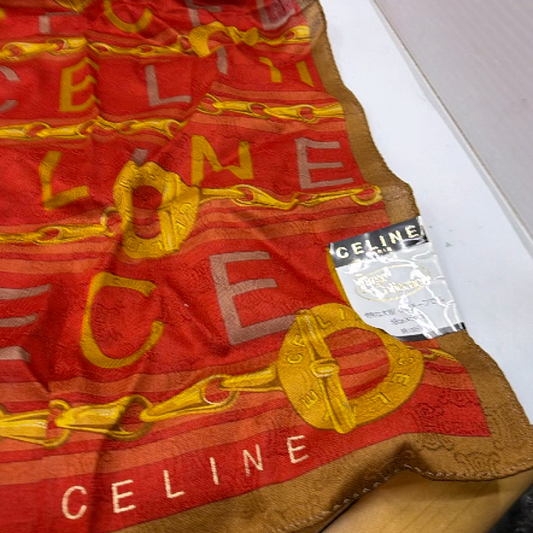 Celine Chain & Logo Print Red Silk Scarf