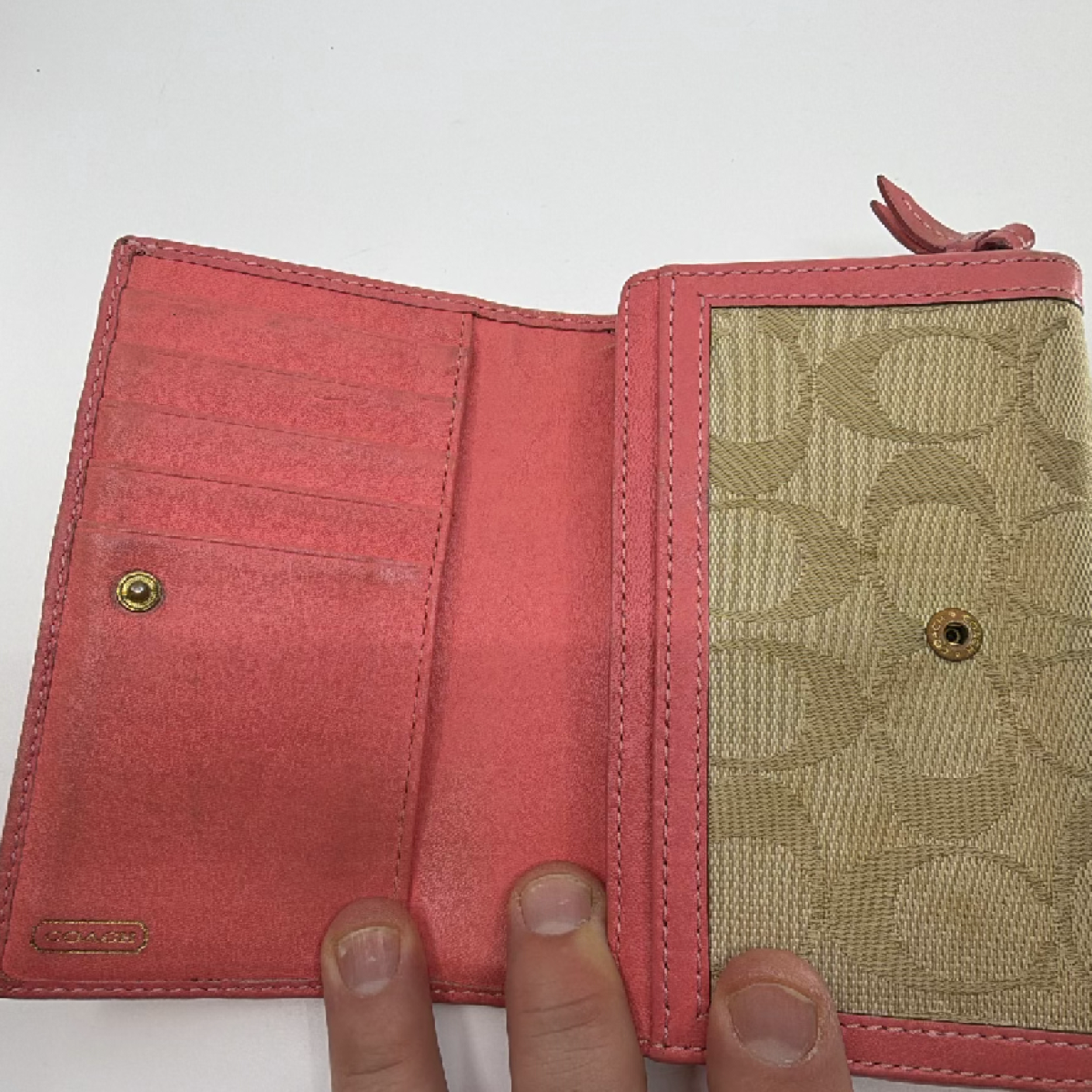 Coach Signature Trifold Pink C Canvas & Leather Wallet