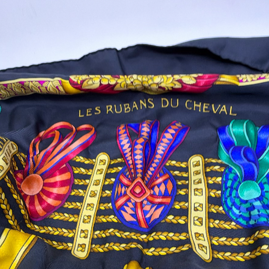 Hermès Les Rubans du Cheval Black Silk Twill Scarf