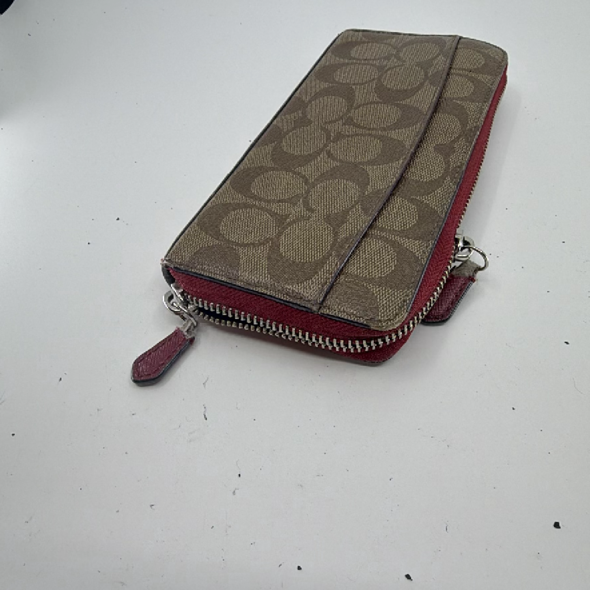 Coach Accordion Zip Wallet Brown Signature Coated Canvas Wallet