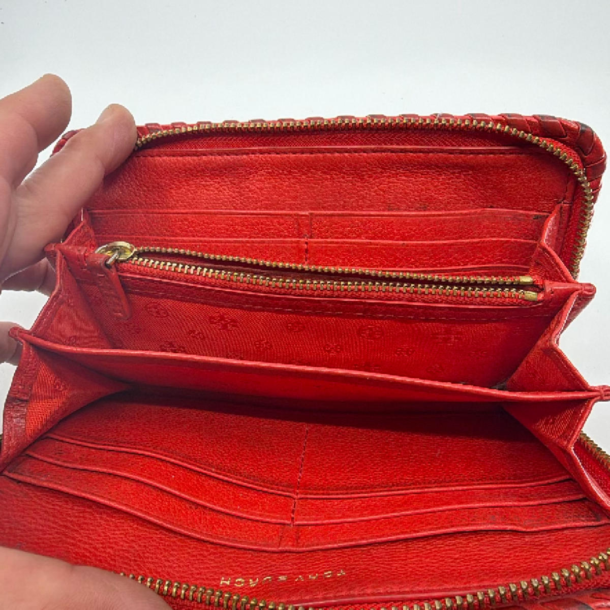 Tory Burch Laced Edge Red Leather Zip Wallet