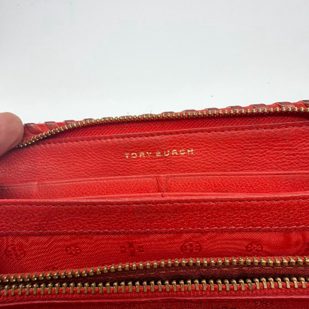Tory Burch Laced Edge Red Leather Zip Wallet