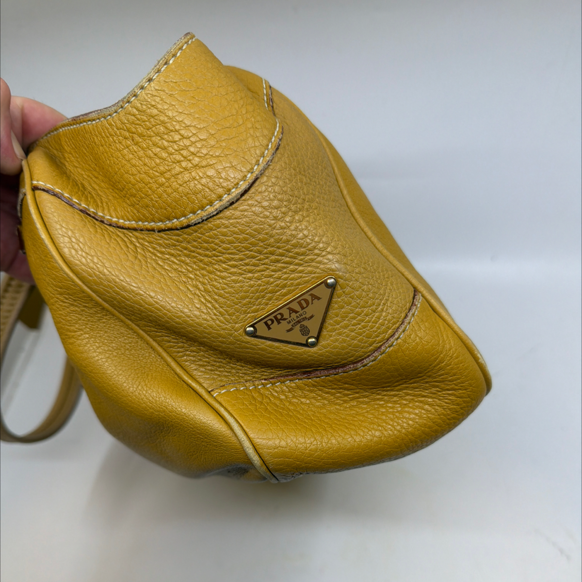 Prada Mustard Yellow Pebbled Leather Satchel Handbag