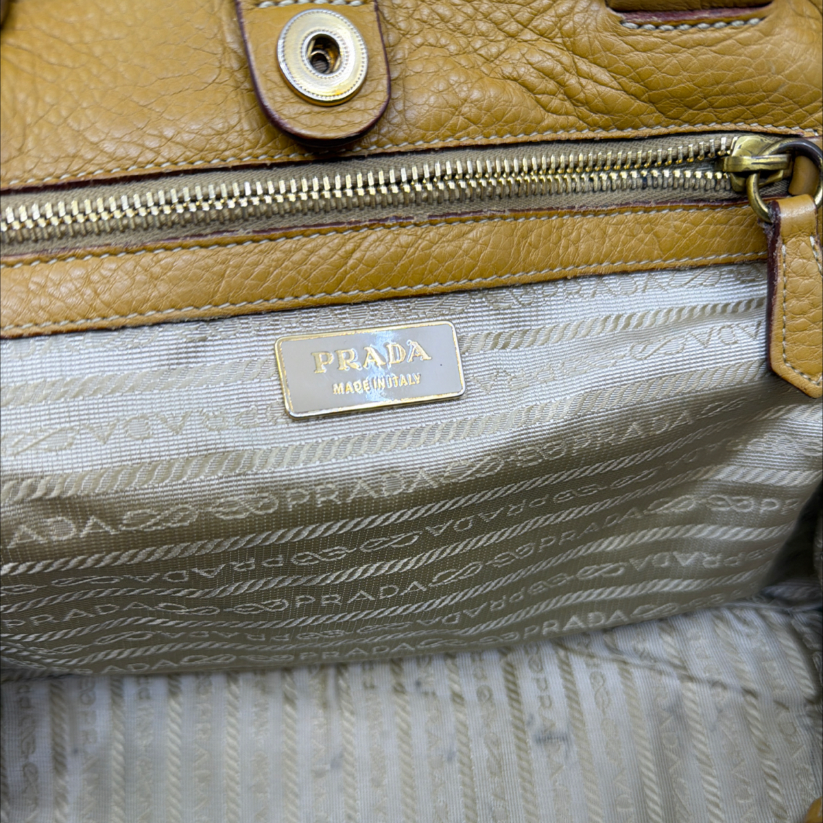 Prada Mustard Yellow Pebbled Leather Satchel Handbag