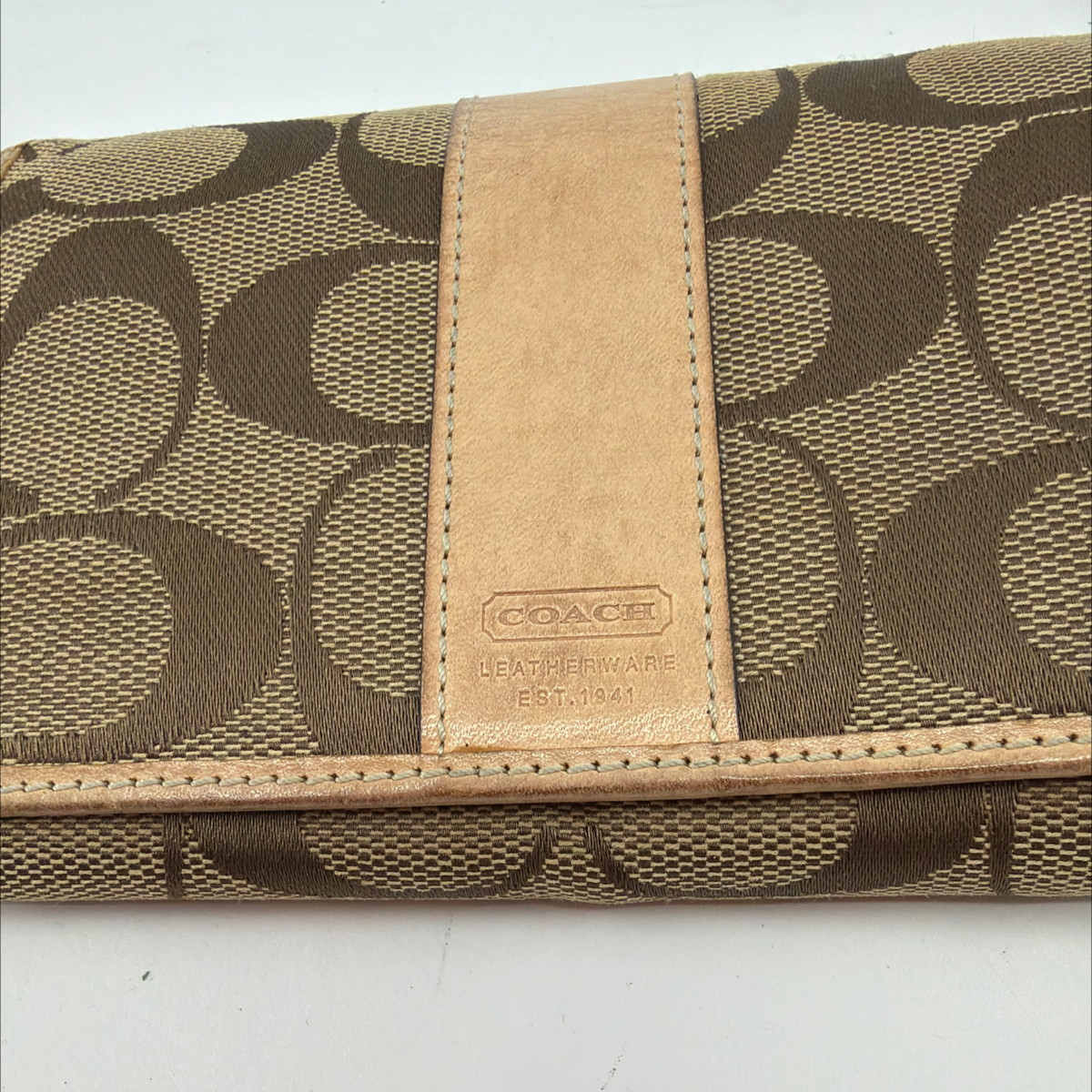 Coach Signature C Flap Brown Tan Coated Canvas Leather Wallet