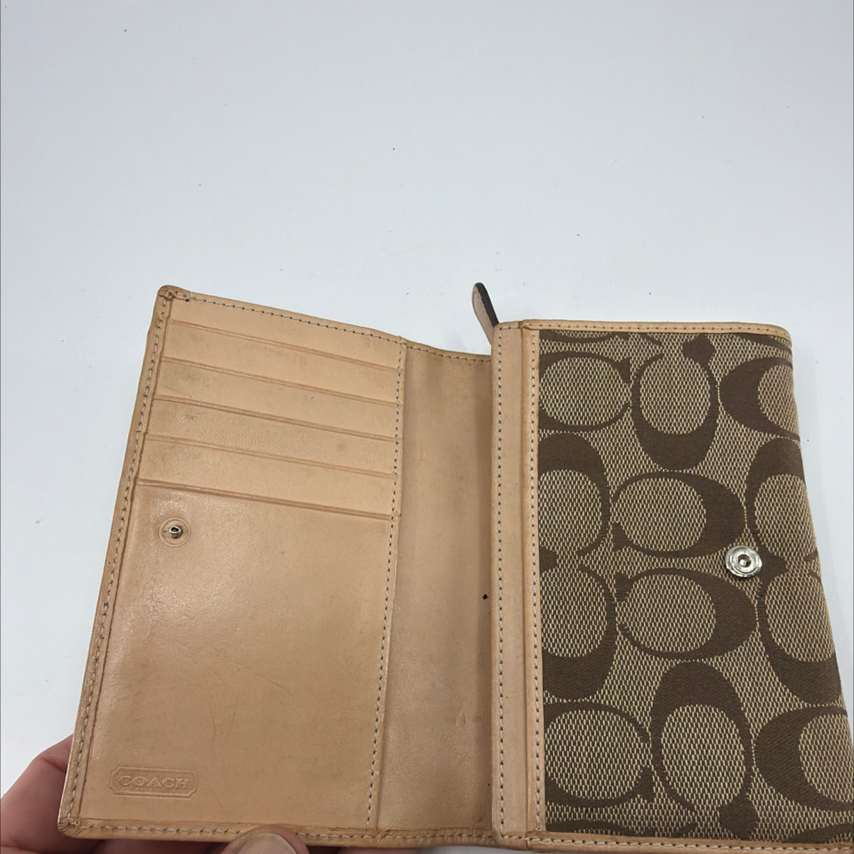 Coach Signature C Flap Brown Tan Coated Canvas Leather Wallet