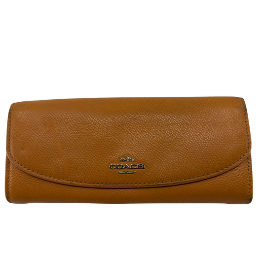 Coach Tan Pebbled Leather Signature Canvas Flap Wallet