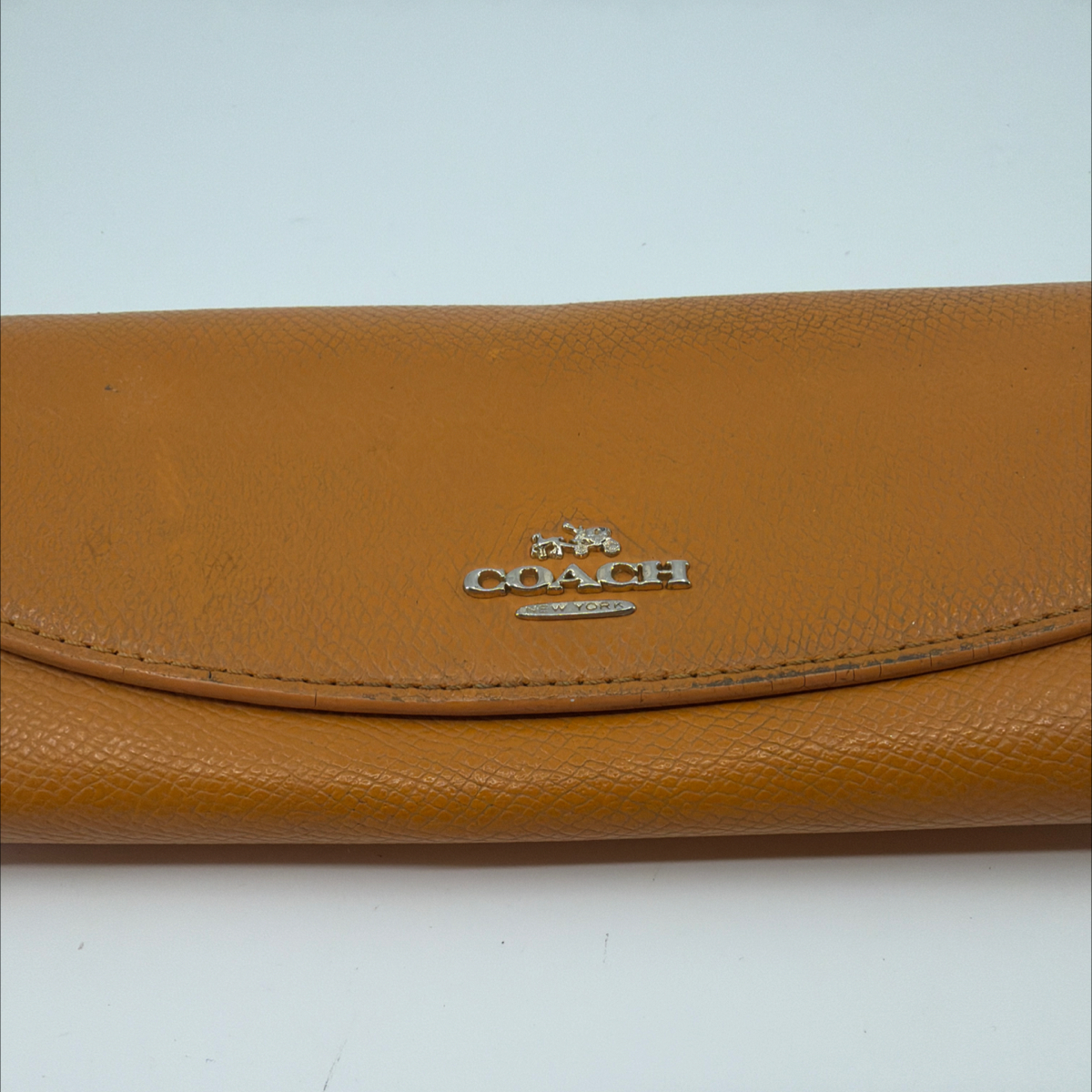 Coach Tan Pebbled Leather Signature Canvas Flap Wallet