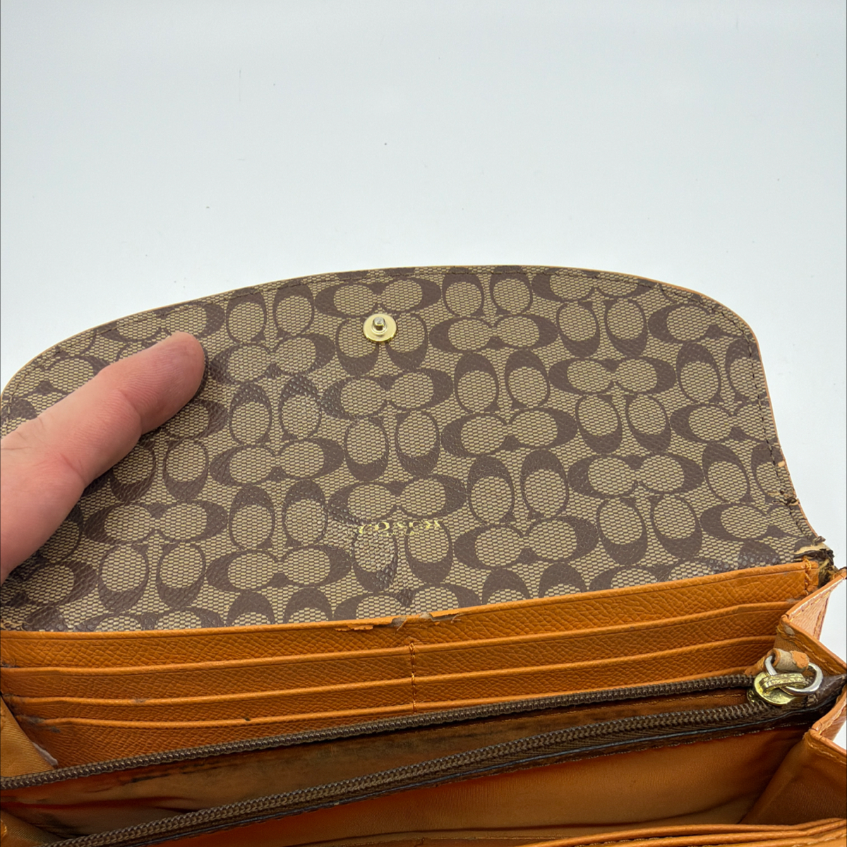 Coach Tan Pebbled Leather Signature Canvas Flap Wallet